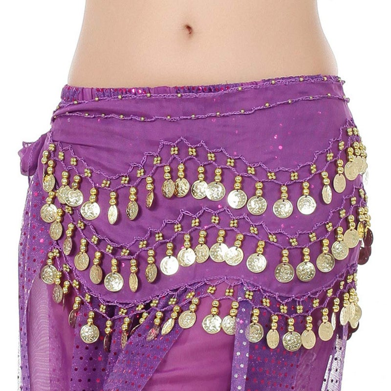 Lauthen.S 128 Coins Belly Dance Hip Scarf Tribal Belt Halloween Genie Costume Accessory Purple - Image 2